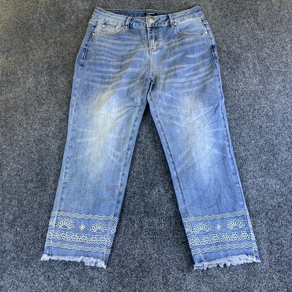 Flamingals Jeans Womens Large Blue Denim Embroidered Floral Ankle Straight Leg